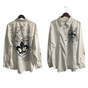 Marq 75 Shirt Men’s 3 XL White Velvet Embroidered Studded Graphic Y2K Button Up